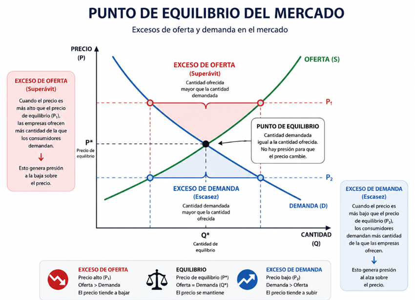 Gráfico del punto de equilibrio: intersección entre la curva de oferta y la curva de demanda